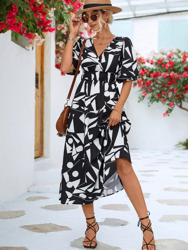 Elegant Geometric Cotton Midi Dress fashion image