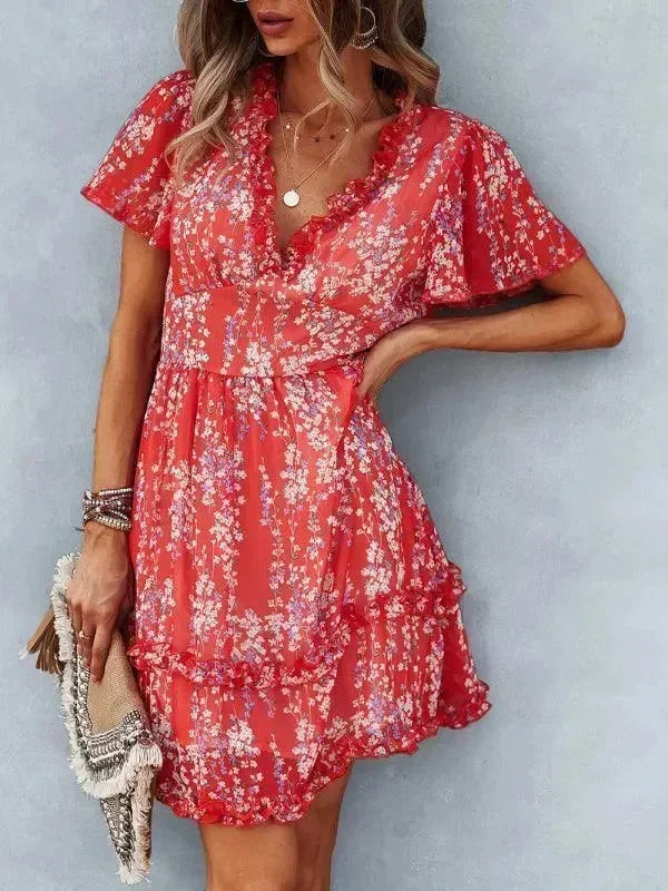 Romantic Blue Floral Cotton Mini Dress