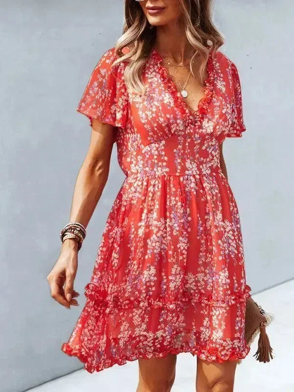 Romantic Blue Floral Cotton Mini Dress
