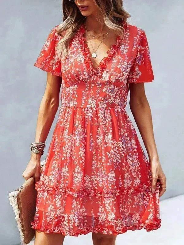 Romantic Blue Floral Cotton Mini Dress