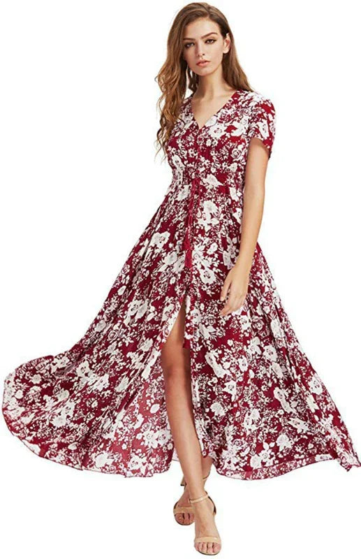 Romantic Red Floral Cotton Maxi Dress fashion image