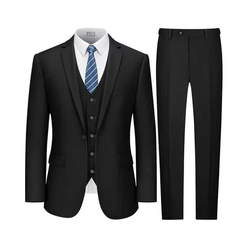 Men's Custom 3-Piece Slim Fit Suit – Single Breasted Cotton Tuxedo, Vest & Pants, Black