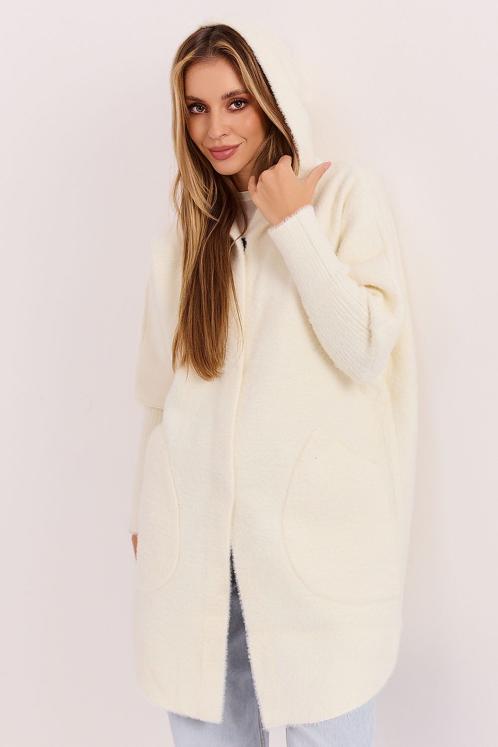 Women's Beige Hooded Wool Blend Coat