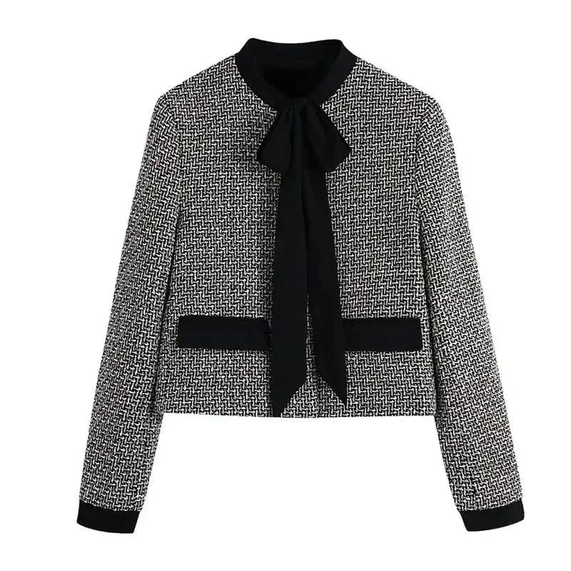 Women’s Bow Tweed Blazer Jacket Formal Style fashion image