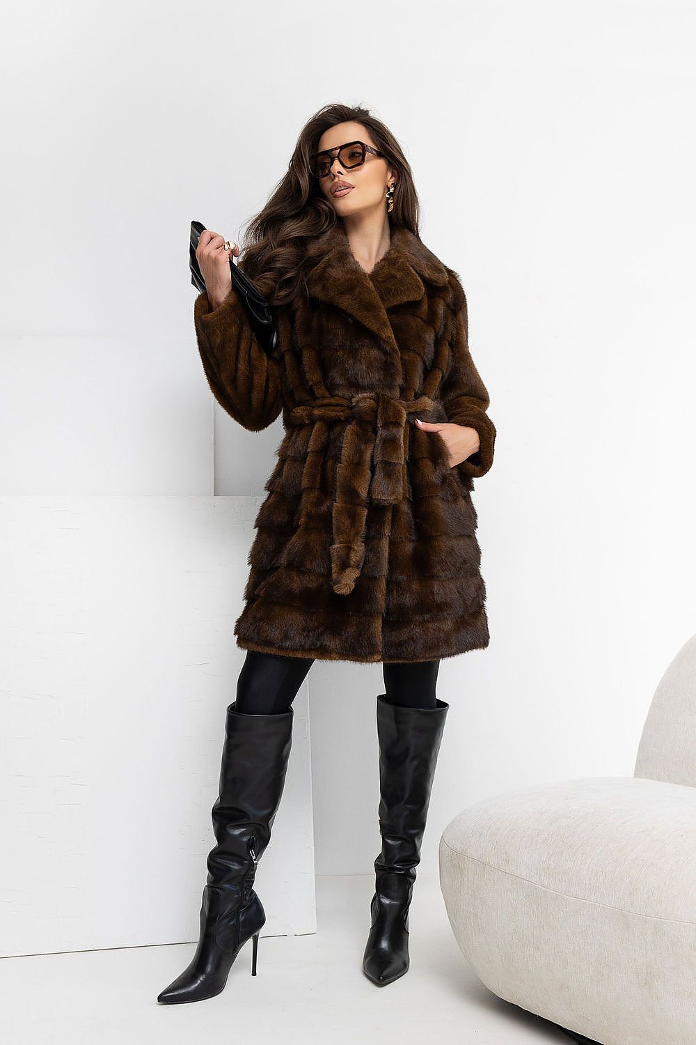 Women's Brown Belted Wool Blend Coat