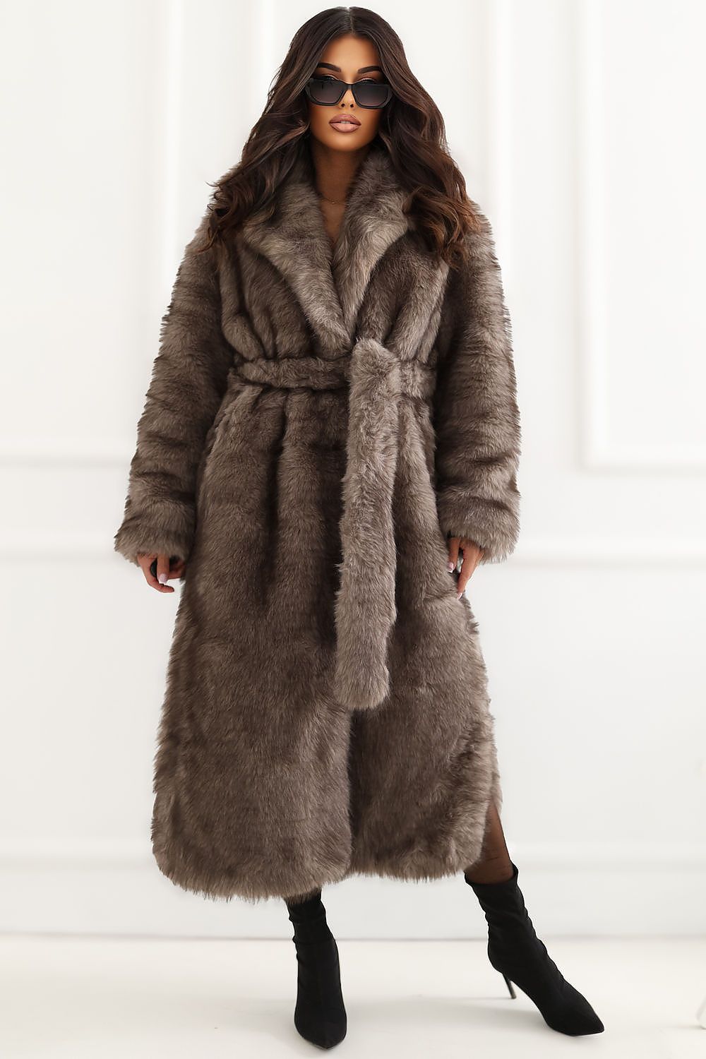 Women's Long Beige Belted Wool Wrap Coat