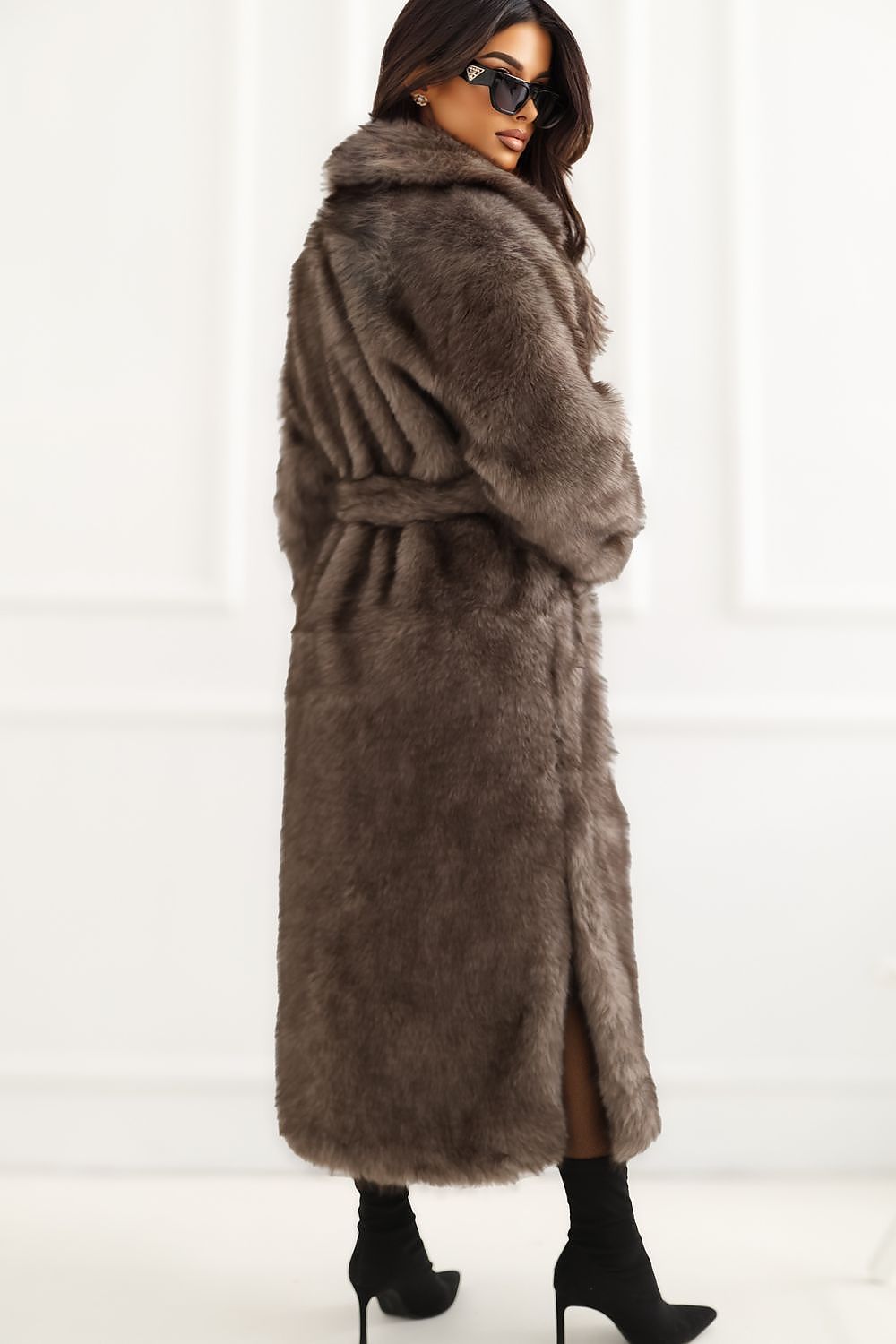 Women's Long Beige Belted Wool Wrap Coat