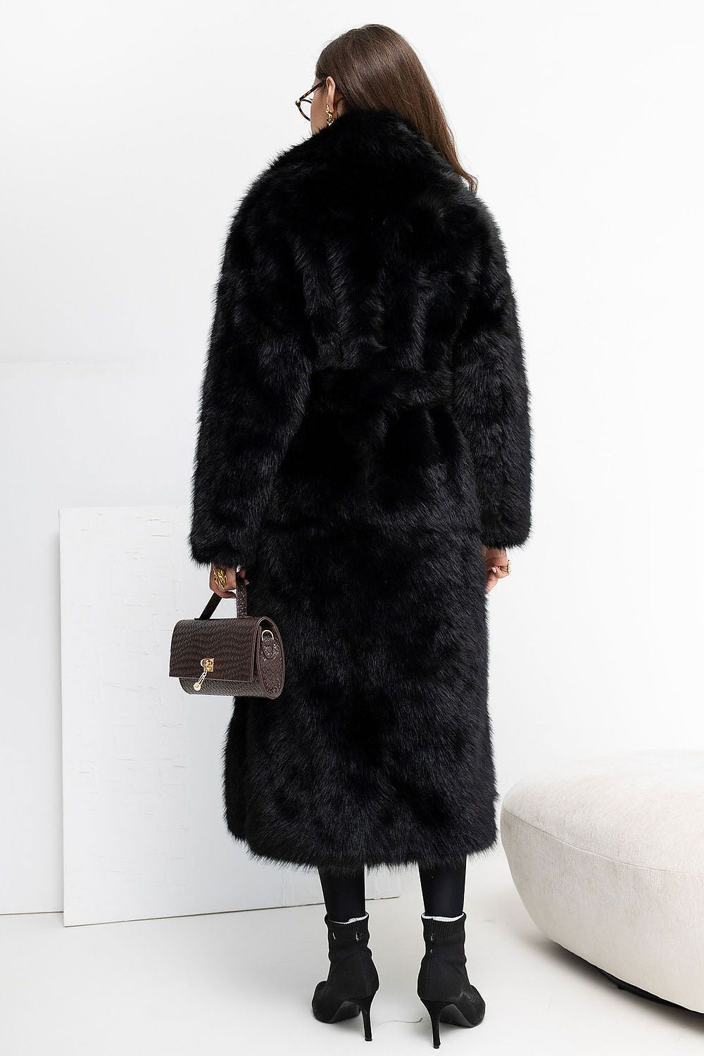 Women's Long Black Belted Wool Coat