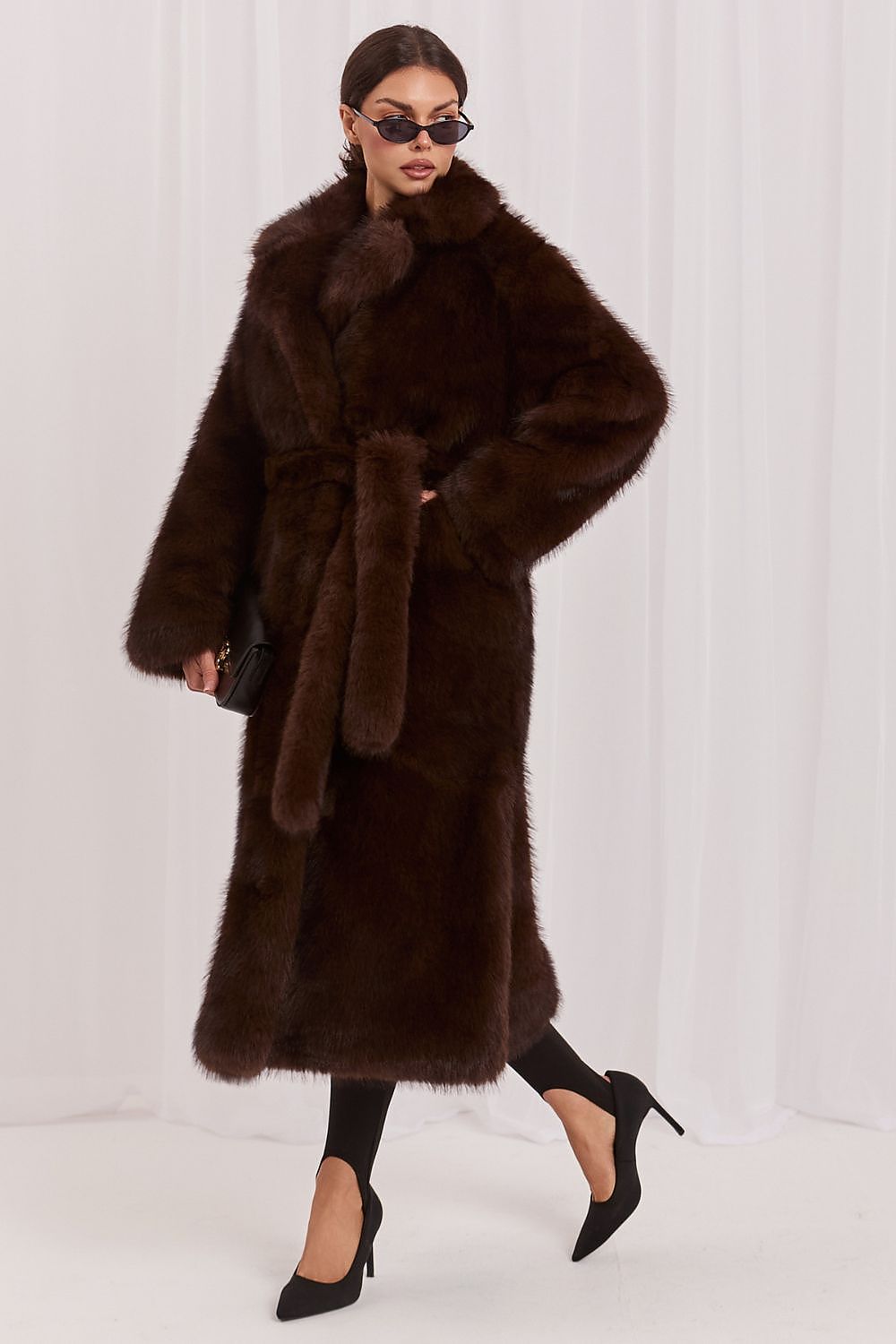 Women's Long Brown Belted Wool Wrap Coat
