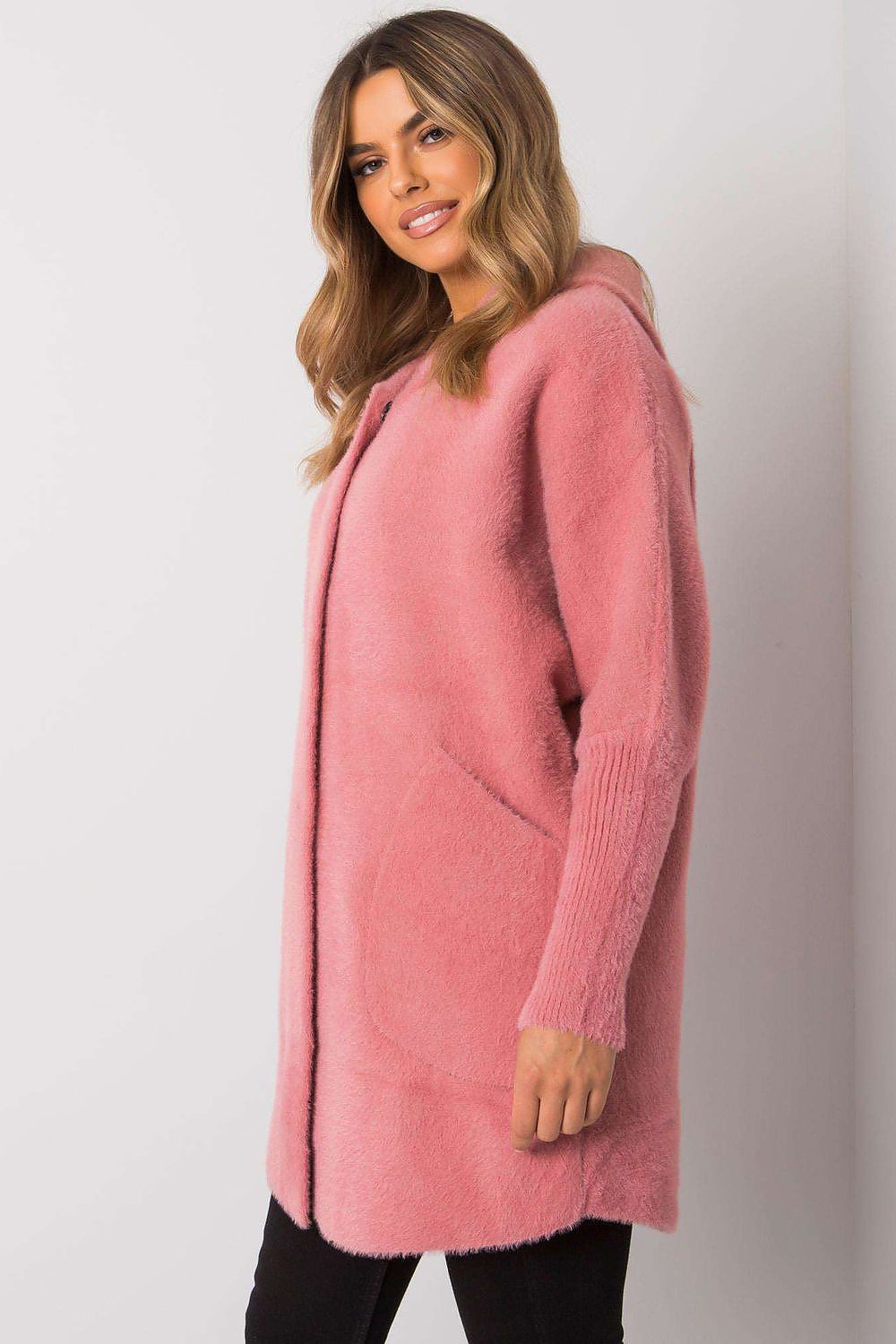 Women's Pink Loose Hooded Wool Blend Coat