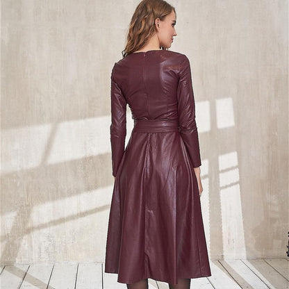 Belted Leather Dress For Women - Midi Dress - LeStyleParfait