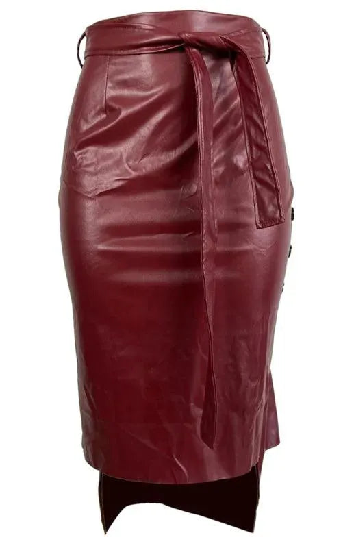 Belted Leather Pencil Midi Skirt with Slit - Leather Pencil Skirt - LeStyleParfait