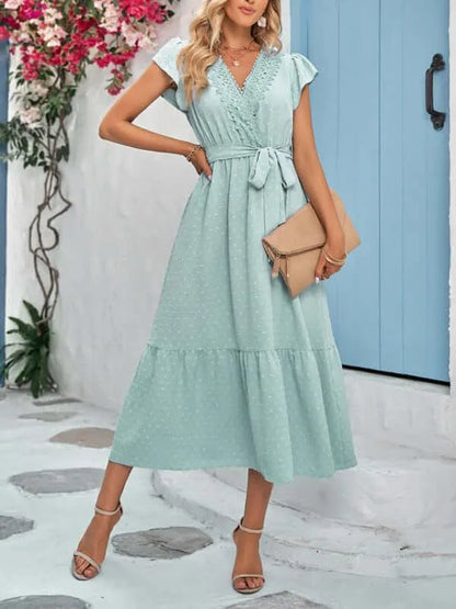 Belted Short Sleeve Maxi Dress-LeStyleParfait