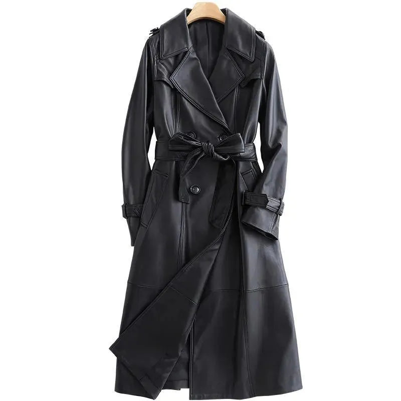 Black Lapel Leather Trench Coat for Women - Trench Coat - LeStyleParfait