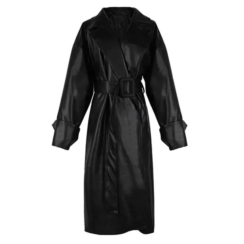Black Oversized Leather Trench Coat for Women - Trench Coat - LeStyleParfait