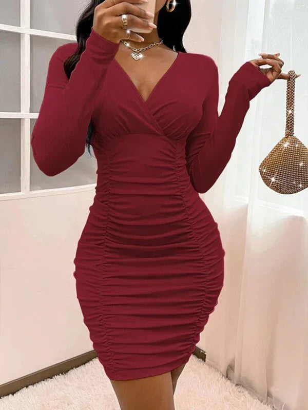 bodycon,bodycon dress,jersey,jersey dress,ladies Wrinkle resistant,long sleeve,long sleeve dress,mini,mini hemline dress,party,party dress,Quick drying mini dress,ruched,sheath,slip-on,slip-on dress,solid,solid dress,straight,straight dress,summer,summer dress,V-neck,v-neckline dress-LeStyleParfait