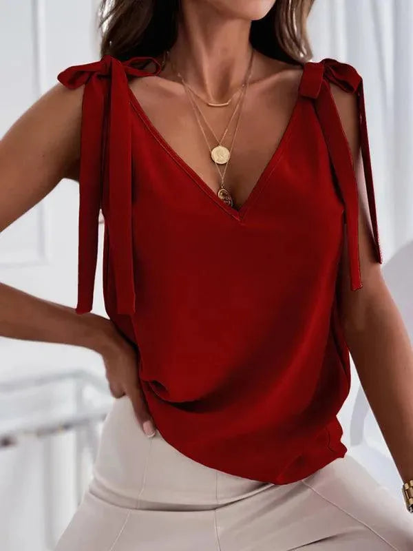 Bow V-neck Knit Women Tank Top - Women Tops & Blouses | LeStyleParfait-Women Tops