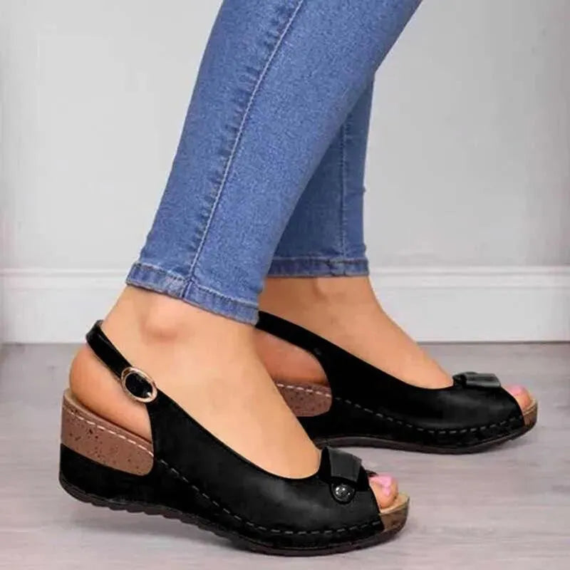 Buckle Peep Toe Wedge Sandals - Wedge Shoes - LeStyleParfait