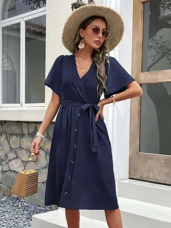 A-line,A-line dress,button-down,button-down dress,buttons,casual,casual dress,cotton,cotton dress,dress dress,ladies Wrinkle resistant,midi,midi hem dress,Quick drying midi dress,regular,regular dress,short sleeve,short sleeve dress,solid,solid dress,straight,summer,summer dress,V-neck,V-neck dress-LeStyleParfait