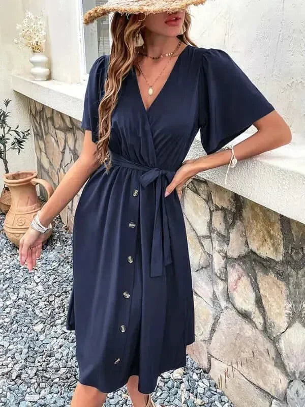 A-line,A-line dress,button-down,button-down dress,buttons,casual,casual dress,cotton,cotton dress,dress dress,ladies Wrinkle resistant,midi,midi hem dress,Quick drying midi dress,regular,regular dress,short sleeve,short sleeve dress,solid,solid dress,straight,summer,summer dress,V-neck,V-neck dress-LeStyleParfait