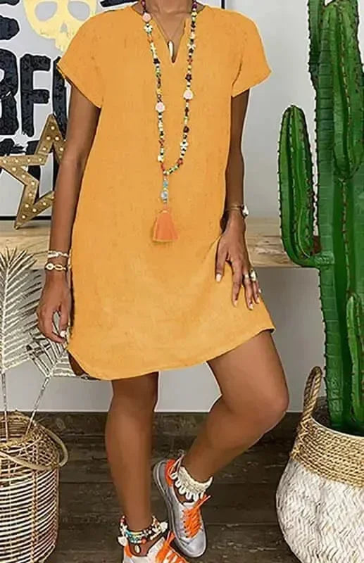 A-line,a-line dress,above-the-knee dress,casual,casual dress,ladies Wrinkle resistant,linen,linen dress,mini,Quick drying mini dress,relaxed,relaxed dress,shift,short sleeve,short sleeve dress,slip-on,slip-on dress,solid,solid dress,straight,straight dress,summer,summer dress,V-neck,v-neck dress-LeStyleParfait