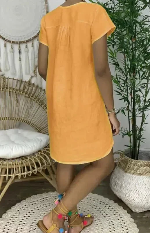 A-line,a-line dress,above-the-knee dress,casual,casual dress,ladies Wrinkle resistant,linen,linen dress,mini,Quick drying mini dress,relaxed,relaxed dress,shift,short sleeve,short sleeve dress,slip-on,slip-on dress,solid,solid dress,straight,straight dress,summer,summer dress,V-neck,v-neck dress-LeStyleParfait