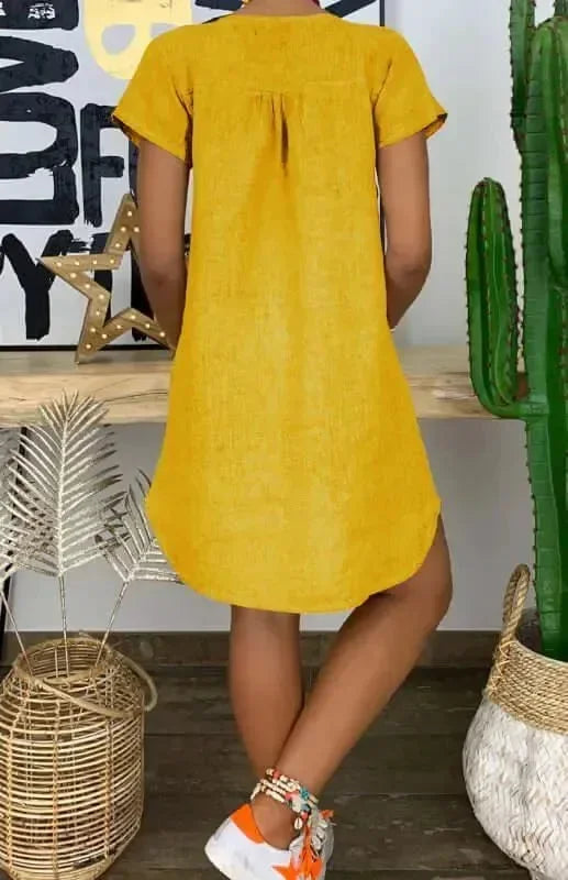 A-line,a-line dress,above-the-knee dress,casual,casual dress,ladies Wrinkle resistant,linen,linen dress,mini,Quick drying mini dress,relaxed,relaxed dress,shift,short sleeve,short sleeve dress,slip-on,slip-on dress,solid,solid dress,straight,straight dress,summer,summer dress,V-neck,v-neck dress-LeStyleParfait