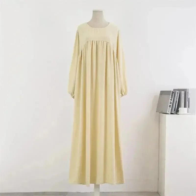 A-line,A-line dress,casual,casual dress,cotton,cotton dress,empire,ladies Wrinkle resistant,long sleeve,long sleeves dress,loose,loose fit dress,maxi,maxi dress,maxi hem dress,Quick drying maxi dress,round,round neckline dress,slip-on,slip-on dress,solid,solid dress,spring,spring dress,straight,straight dress-LeStyleParfait