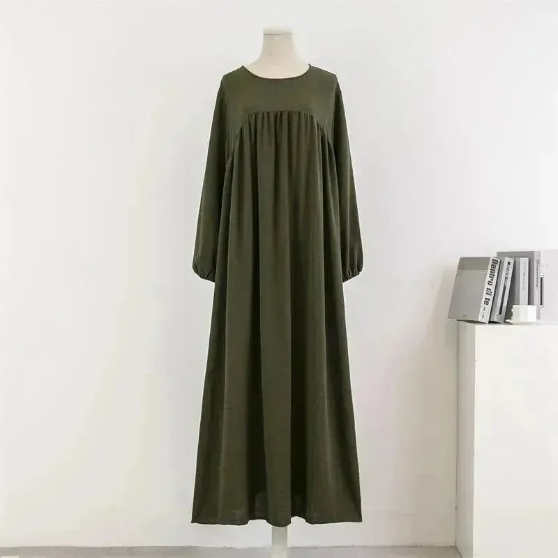 A-line,A-line dress,casual,casual dress,cotton,cotton dress,empire,ladies Wrinkle resistant,long sleeve,long sleeves dress,loose,loose fit dress,maxi,maxi dress,maxi hem dress,Quick drying maxi dress,round,round neckline dress,slip-on,slip-on dress,solid,solid dress,spring,spring dress,straight,straight dress-LeStyleParfait