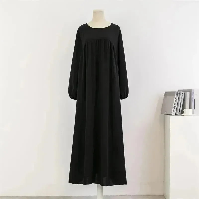 A-line,A-line dress,casual,casual dress,cotton,cotton dress,empire,ladies Wrinkle resistant,long sleeve,long sleeves dress,loose,loose fit dress,maxi,maxi dress,maxi hem dress,Quick drying maxi dress,round,round neckline dress,slip-on,slip-on dress,solid,solid dress,spring,spring dress,straight,straight dress-LeStyleParfait