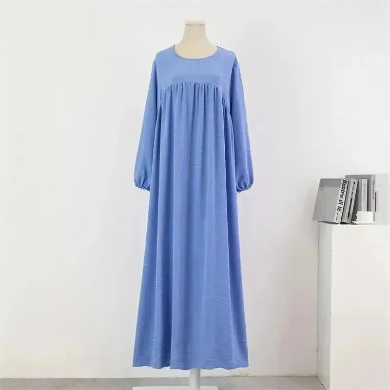 A-line,A-line dress,casual,casual dress,cotton,cotton dress,empire,ladies Wrinkle resistant,long sleeve,long sleeves dress,loose,loose fit dress,maxi,maxi dress,maxi hem dress,Quick drying maxi dress,round,round neckline dress,slip-on,slip-on dress,solid,solid dress,spring,spring dress,straight,straight dress-LeStyleParfait
