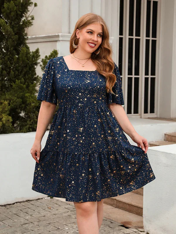 Casual Geometric Square Neck Knee Dress