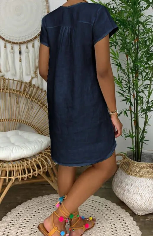 Casual Linen Short Sleeve Dress-LeStyleParfait