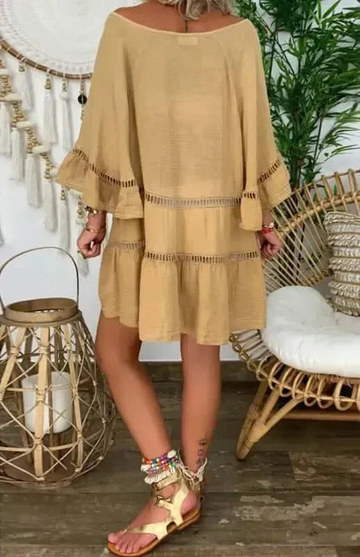 A-line,A-line dress,casual,casual dress,flared,ladies Wrinkle resistant,linen,linen dress,loose,loose dress,mini,mini dress,Quick drying mini dress,slip-on,slip-on dress,solid,solid dress,straight,summer,summer dress,three-quarter sleeves dress,tiered,tiered dress,V-neck,V-neck dress-LeStyleParfait
