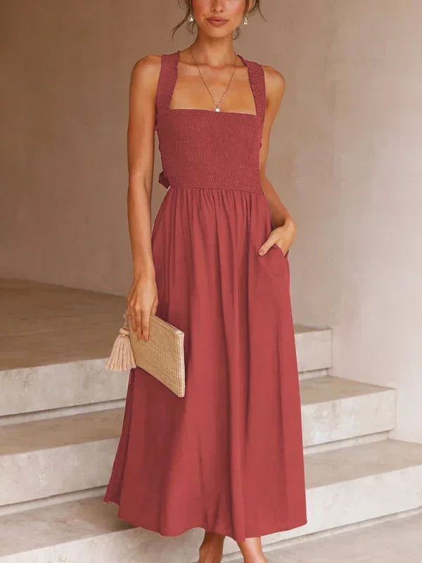Casual Red Cotton A-Line Midi Dress fashion image