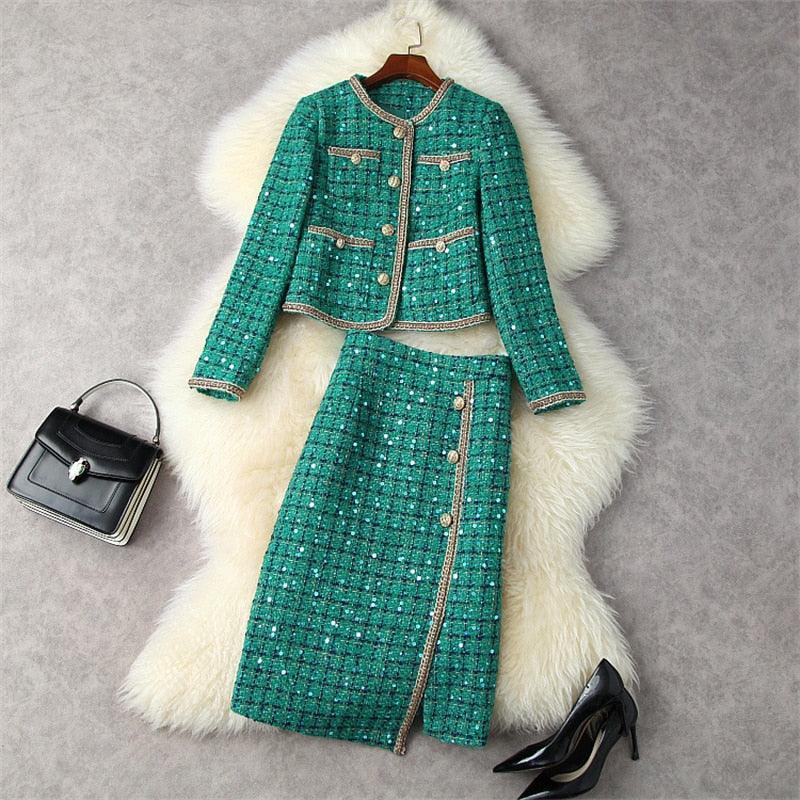 Checked Sequined Tweed Skirt Suit - Skirt Suit - LeStyleParfait