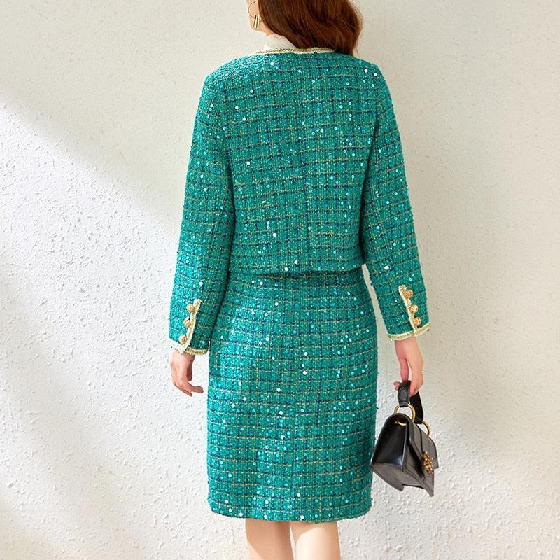 Checked Sequined Tweed Skirt Suit - Skirt Suit - LeStyleParfait