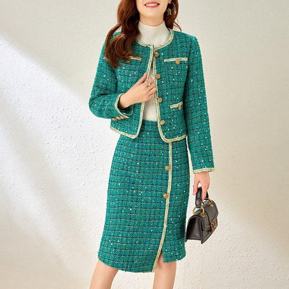 Checked Sequined Tweed Skirt Suit - Skirt Suit - LeStyleParfait