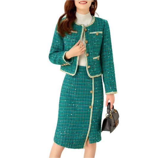 Checked Sequined Tweed Skirt Suit - Skirt Suit - LeStyleParfait