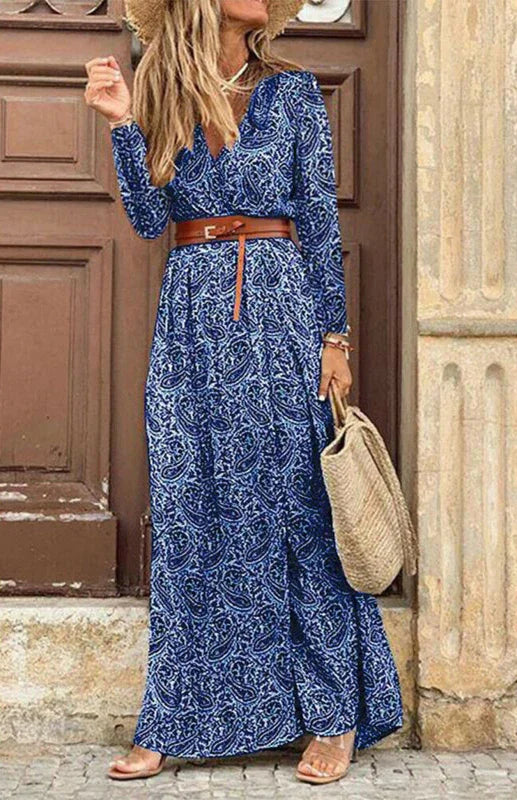 A-line,A-line dress,abstract,belt,belt closure,chiffon,chiffon dress,flowy,flowy dress,ladies wrinkle resistant,long dress,long sleeve,long sleeves dress,maxi,maxi dress,maxi hemline dress,printed dress,quick drying maxi dress,regular fit dress,straight,summer,summer dress,V-neck,V-neck dress,vacation,vacation dress,wrap closure dress-LeStyleParfait