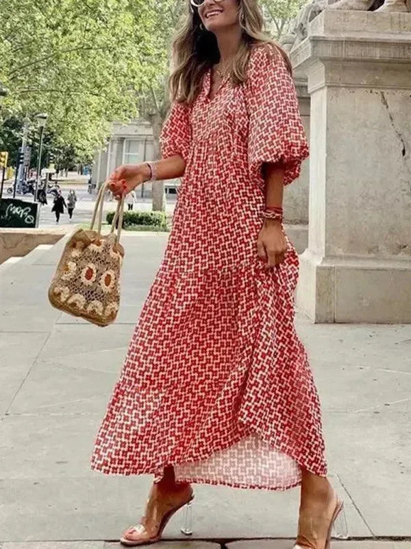 a-line dress,abstract,balloon sleeve,balloon sleeves dress,casual,casual dress,cotton,cotton dress,dress,empire,flowy,geometric dress,ladies Wrinkle resistant,maxi,maxi dress,Quick drying maxi dress,slip-on,slip-on dress,straight,straight hem dress,summer,summer dress,tiered,tiered dress,true-to-size dress,V-neck,v-neck dress-LeStyleParfait