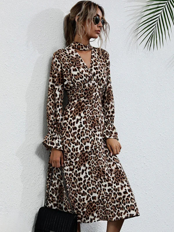 A-line,A-line dress,animal print,animal print dress,casual,casual dress,chiffon,chiffon dress,dress dress,fall,fall dress,ladies wrinkle resistant,long sleeve,long sleeve dress,midi,midi dress,quick drying midi dress,regular,regular dress,slip-on,slip-on dress,straight,V-neck,V-neck dress-LeStyleParfait