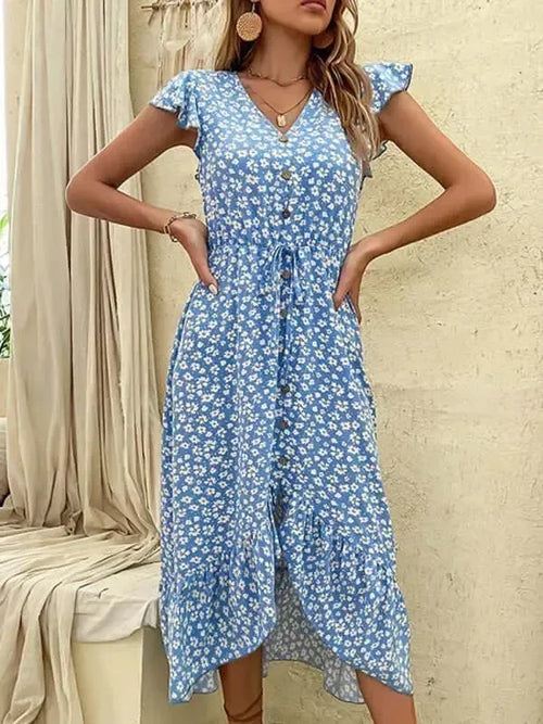 Chic Floral Chiffon Button Midi Dress