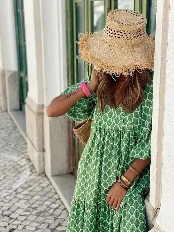 Chic Geometric Cotton Tiered Maxi Dress
