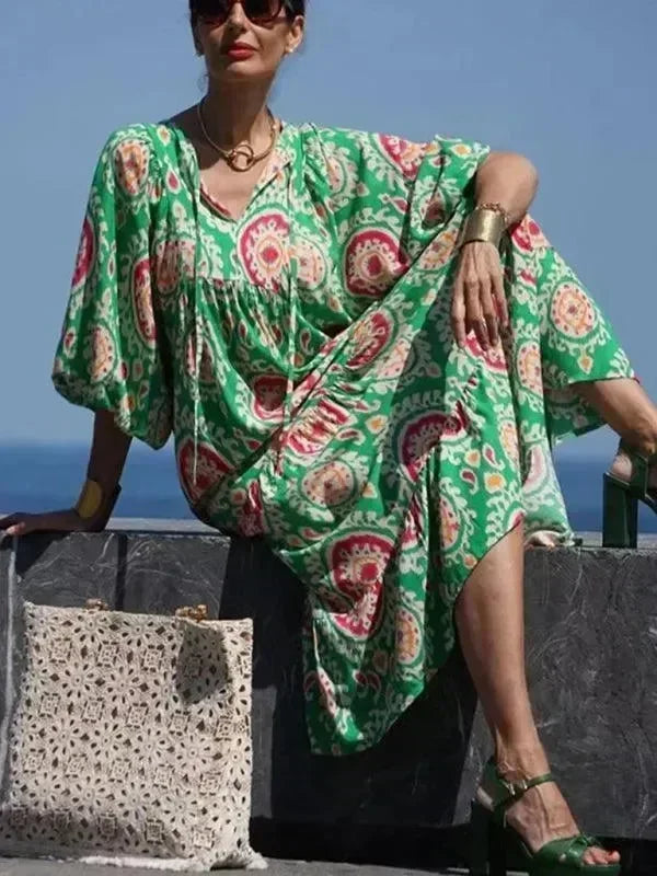 Chic Geometric Cotton Tiered Maxi Dress
