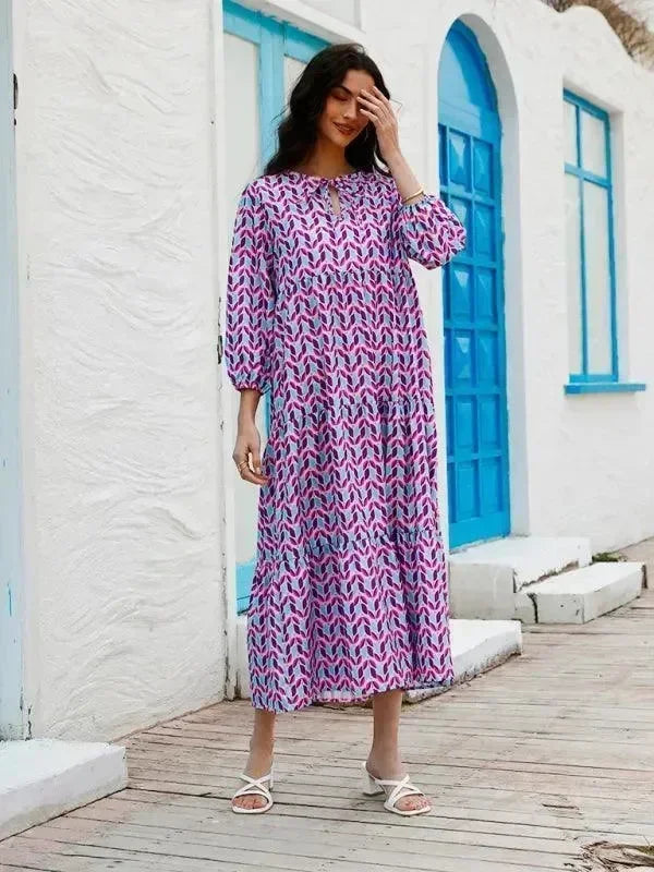 Chic Geometric Cotton Tiered Maxi Dress