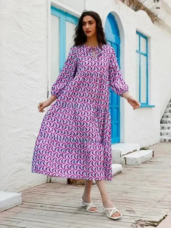 Chic Geometric Cotton Tiered Maxi Dress