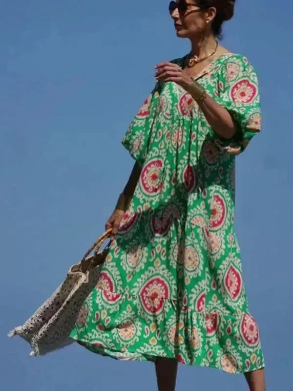 Chic Geometric Cotton Tiered Maxi Dress