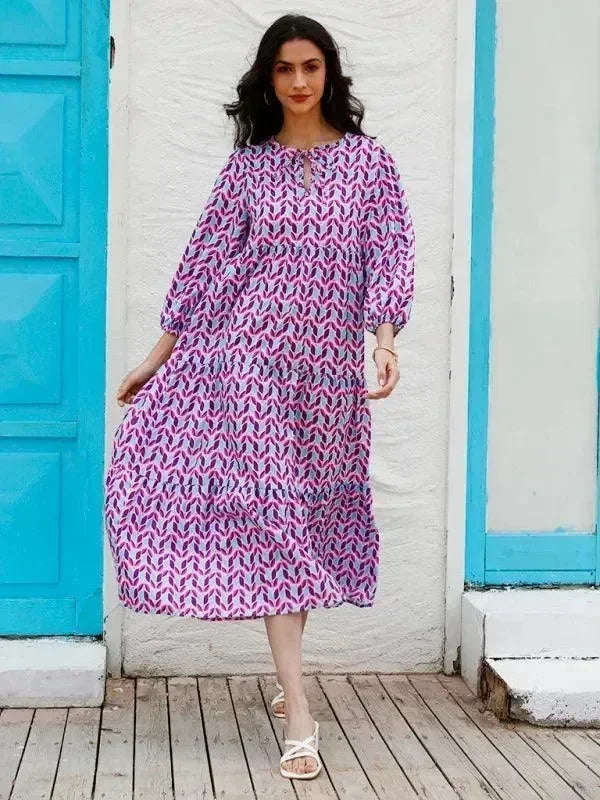 Chic Geometric Cotton Tiered Maxi Dress