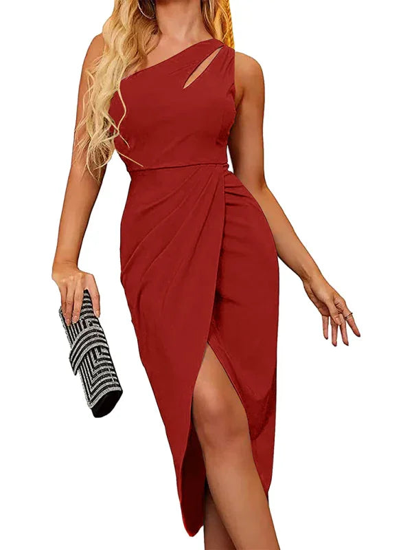 asymmetrical hem dress,high-neck,high-neck dress,ladies Wrinkle resistant,midi,party,party dress,polyester,polyester dress,Quick drying midi dress,sheath,sheath dress,sleeveless,sleeveless dress,slim,slim dress,slip-on,slip-on dress,slit,solid,solid dress,summer,summer dress,wrap,wrap dress-LeStyleParfait